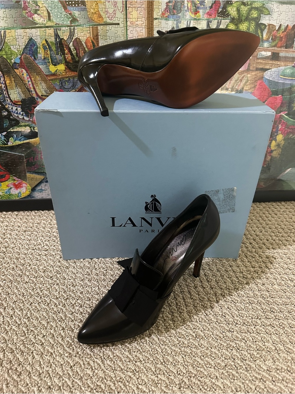 Lanvin Black Leather Pointed Toe Bow-Accent Pump